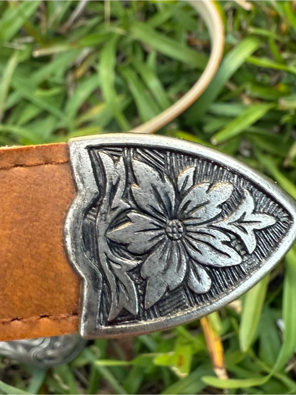 Women’s Brown Belt 32” Floral Engraved Buckle Boho Western Cowgirl Country Chic